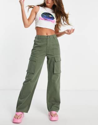 Bershka straight leg cargo pants in dark khaki