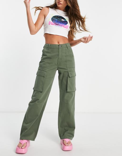 Bershka straight leg cargo pants in dark khaki