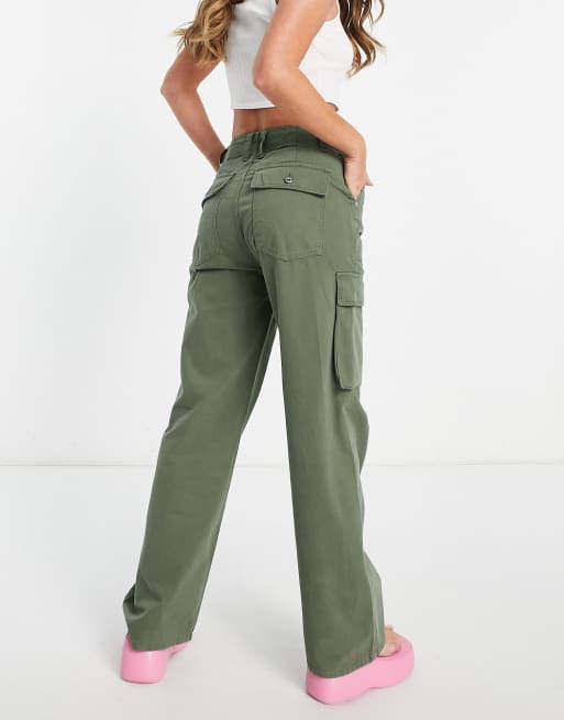 Bershka straight leg cargo pants in dark khaki