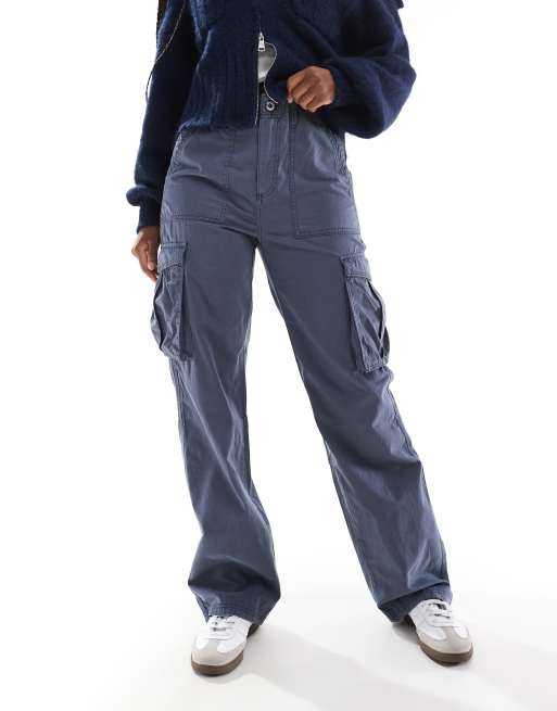 Womens Cargo Pants with Pockets Elastic High Waist Straight Leg