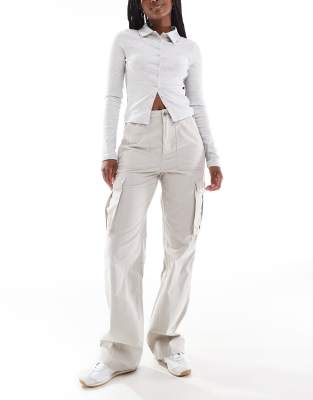 Bershka Straight Leg Cargo Pants In Stone-gray In Neutral