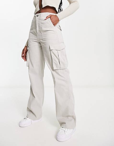 Beige Women's Casual Cargo Pant High Waisted Y2K Nylon Trousers