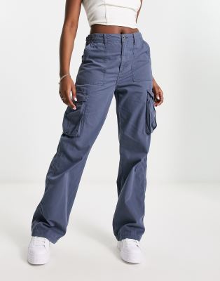 Bershka Bershka straight leg cargo trousers in graphite blue