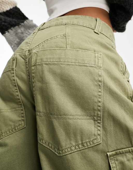 Bershka straight leg cargo trousers in washed khaki, 2 of 4