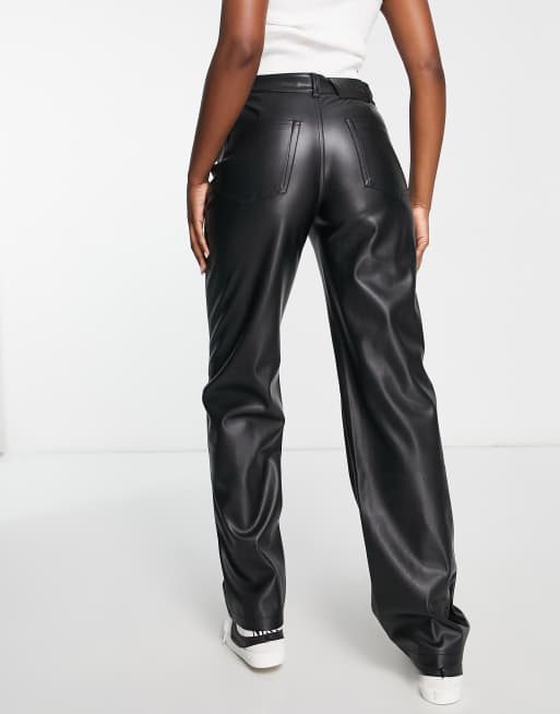 Bershka straight leg faux leather pant in black