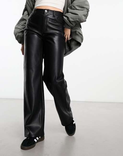 Bershka straight leg faux leather pants in black