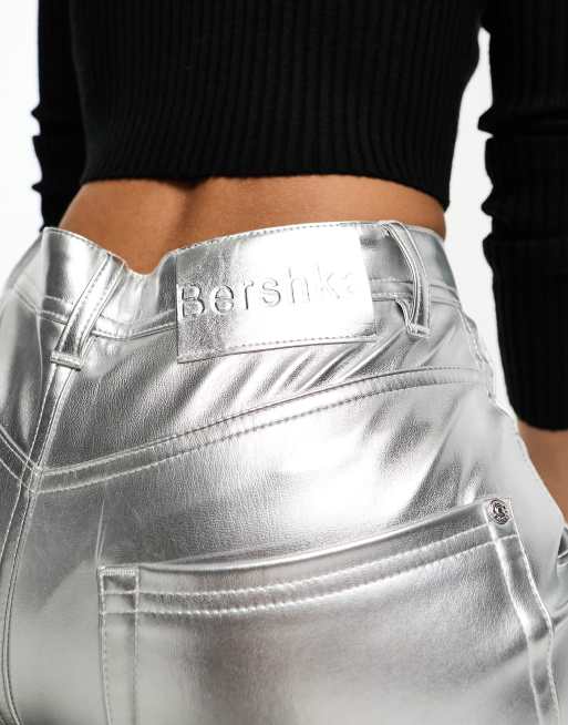 Bershka straight leg faux leather pants in silver