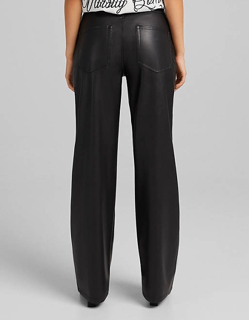 Trousers & Leggings Bershka straight leg faux leather trouser in black 
