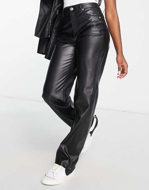 FAUX LEATHER STRAIGHT FIT TROUSERS - Black