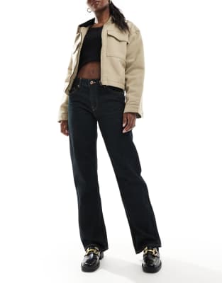 Bershka Straight Leg Jeans In Dark Indigo-blue