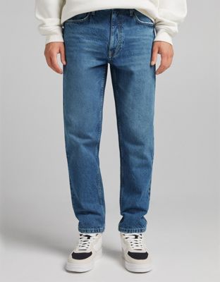 Bershka straight leg jeans in mid blue