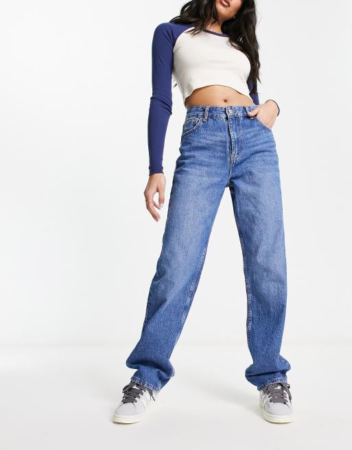 Bershka straight leg jeans in mid blue