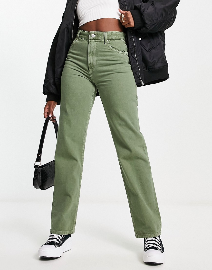 Bershka straight leg jeans in washed khaki-Green