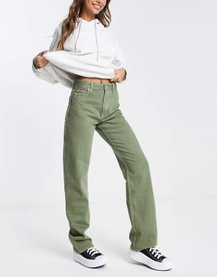 Bershka straight leg jeans in washed khaki-Green