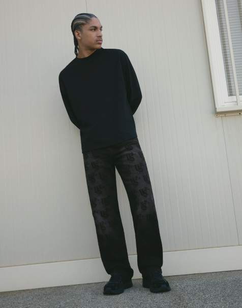 Bershka Straight-leg jeans with laser print in black - view 1