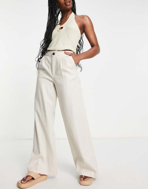 Bershka tailored straight leg linen pants in sand