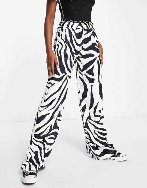 Bershka straight leg satin pants in zebra print