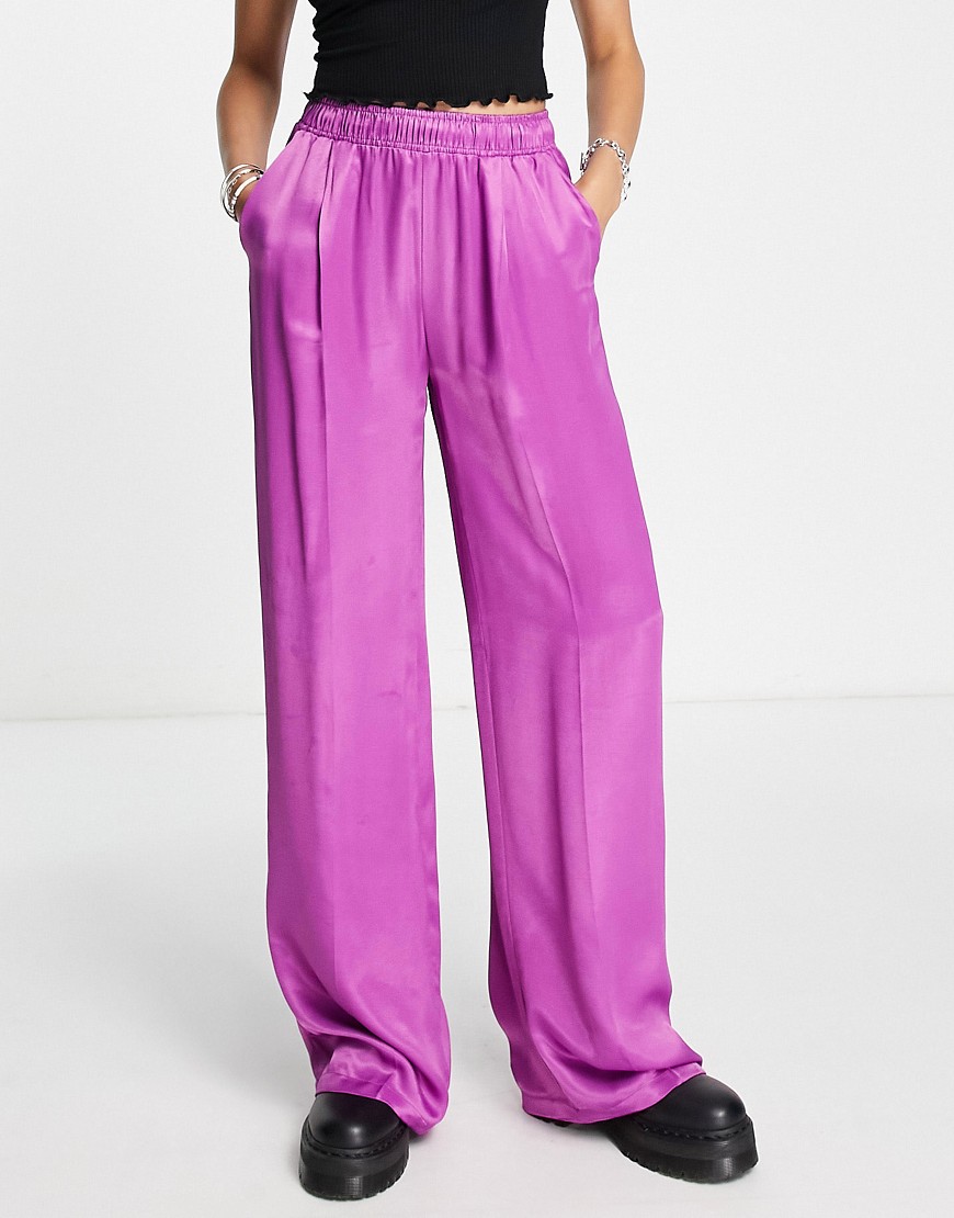 Bershka straight leg satin trousers in purple-Pink