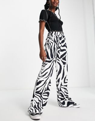 Bershka straight leg satin trousers in zebra print