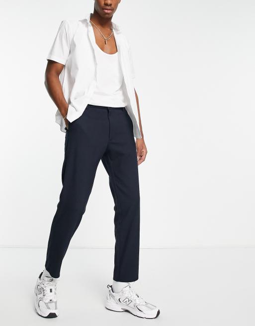 Bershka straight leg smart trousers in navy | ASOS