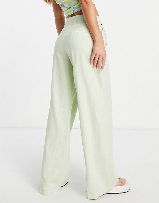Pull&Bear fold over waistband tailored trousers in sage
