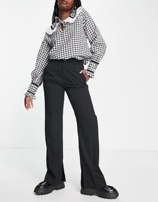 Bershka straight leg trouser with side split in black