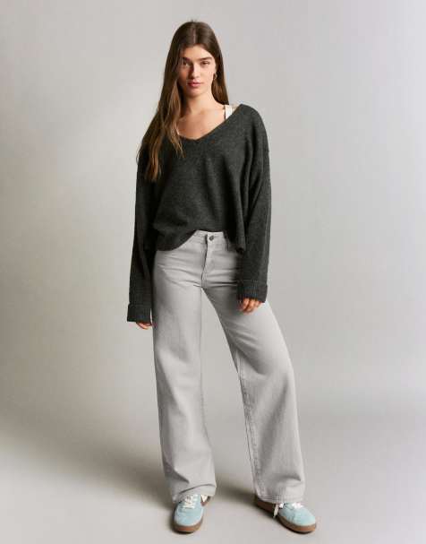 Bershka Straight-leg twill trousers in light grey - view 1