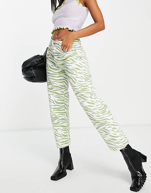 Bershka straight leg zebra print trouser in green