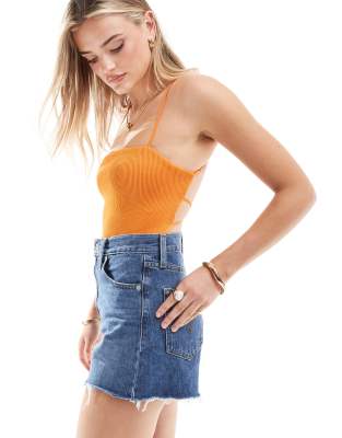 Bershka Straight Neck Crinkle Bodysuit In Orange