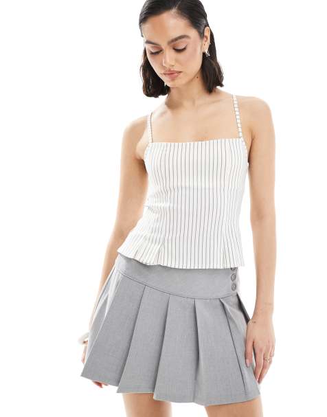 Bershka straight neck tailored corset top in ecru stripe - view 1