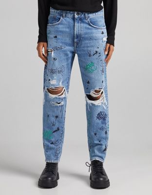 Bershka straight ripped jeans with graffiti print in blue