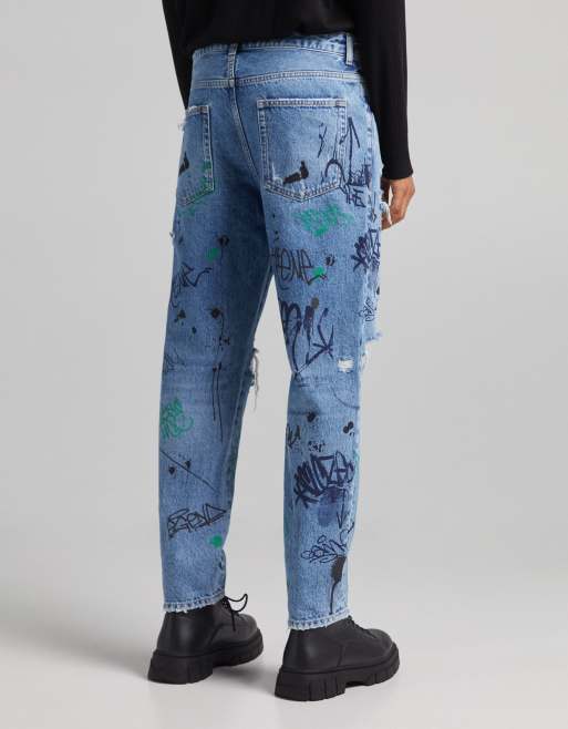 Bershka RIPPED PAINT SPLATTER - Slim fit jeans - blue denim