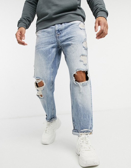 Bershka straight vintage fit in blue with rips