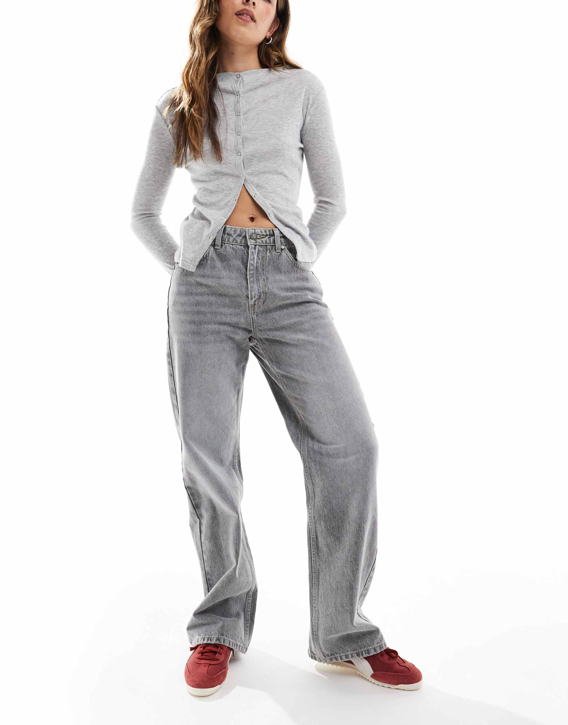 bershka straight wide leg jeans in dark gray