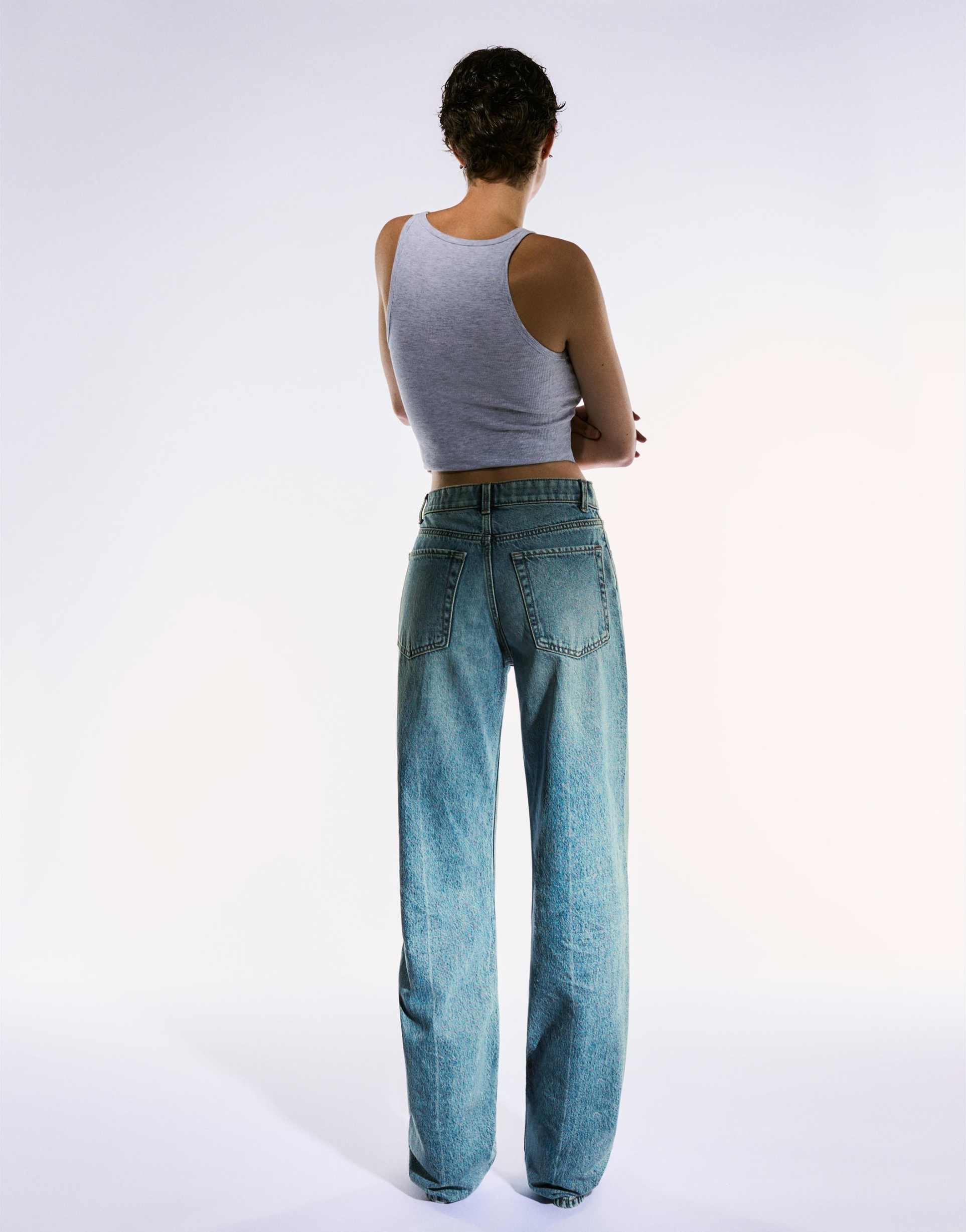 Bershka Straight wide-leg jeans in mid blue