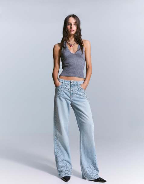 Bershka Straight wide-leg jeans with rhinestones in mid blue - view 1
