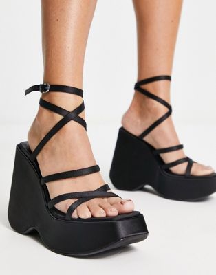Bershka strap up detail chunky satin sandal in black | ASOS