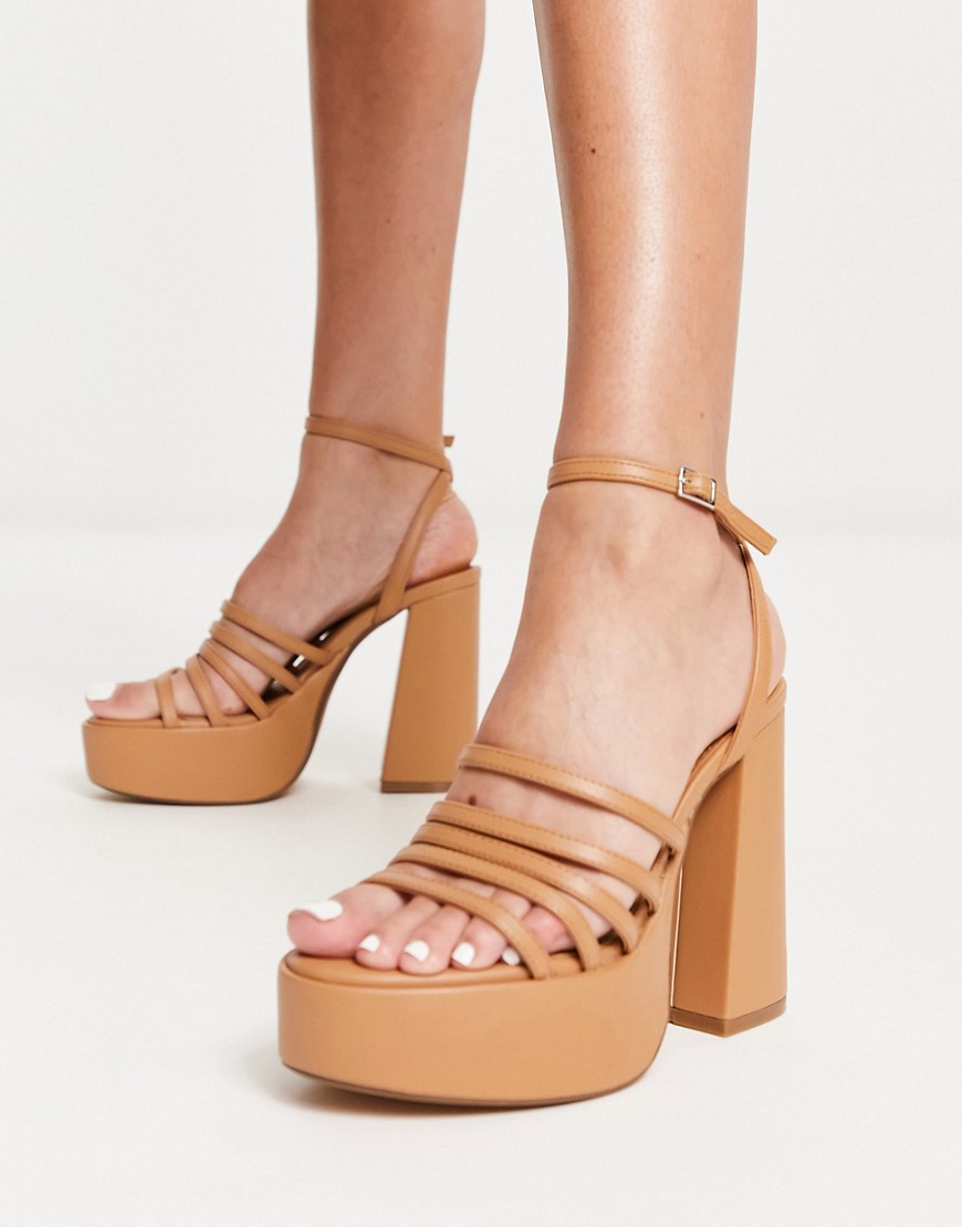 Bershka strap up heeled sandal in beige-Neutral