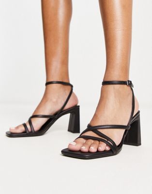 Bershka strappy block heeled sandals in black - ASOS Price Checker