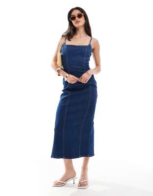 strappy bodycon denim shaping maxi dress in blue