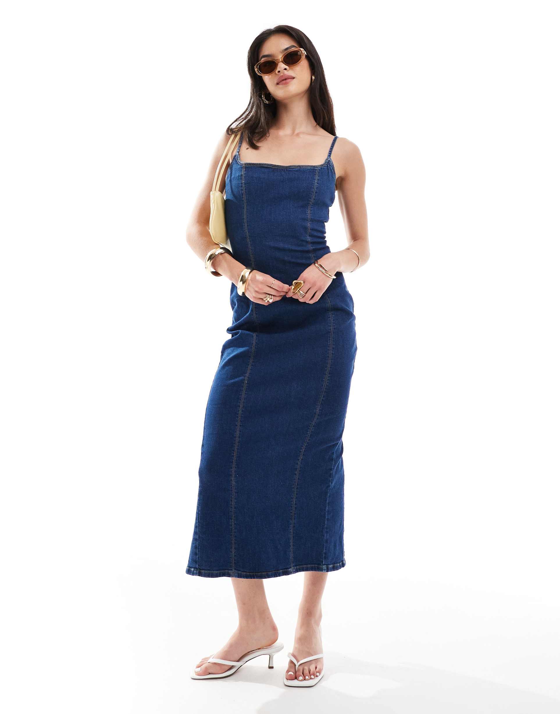 bershka strappy bodycon denim shaping maxi dress in blue