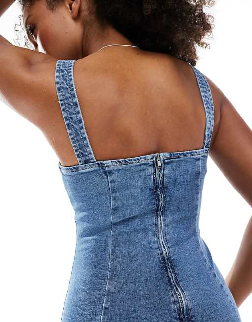 Bershka strappy bodycon denim shaping maxi dress in light Bershka strappy bodycon denim shaping maxi dress in light