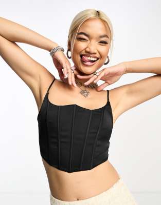 Bershka ruched structured corset top in black