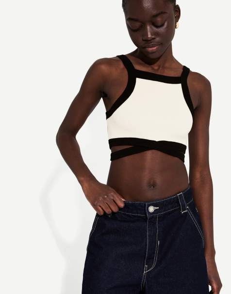 Bershka Strappy cut-out top with contrast straps in white - view 1