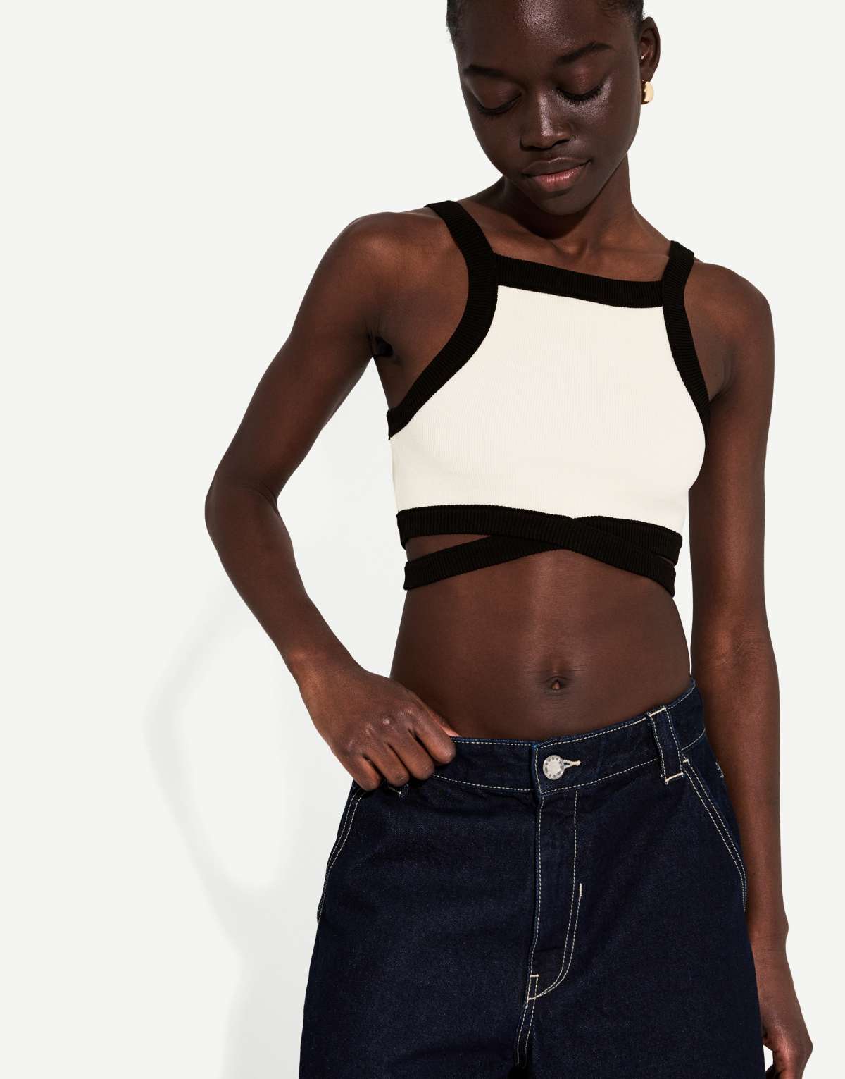Bershka Strappy cut-out top with contrast straps in white