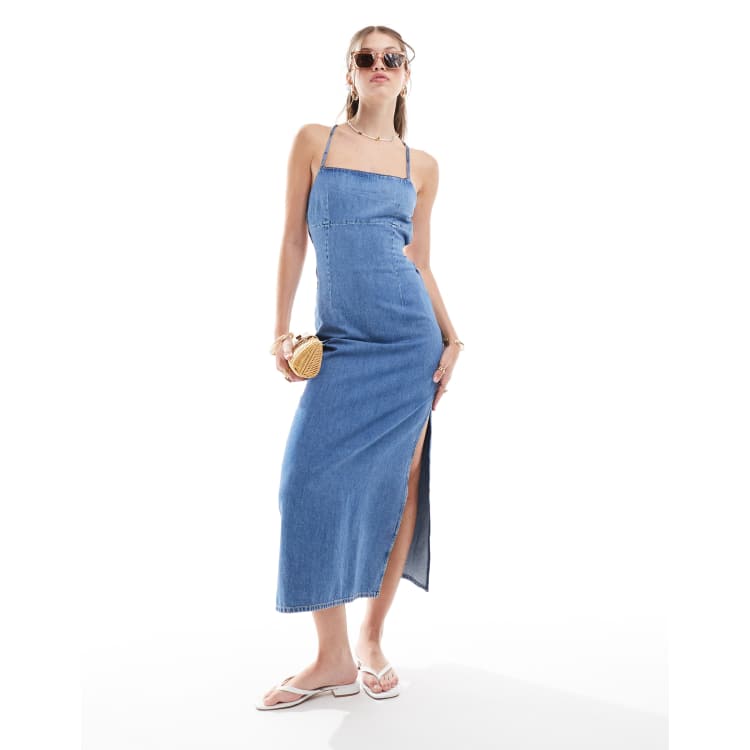 Bershka strappy denim maxi dress in blue wash | ASOS