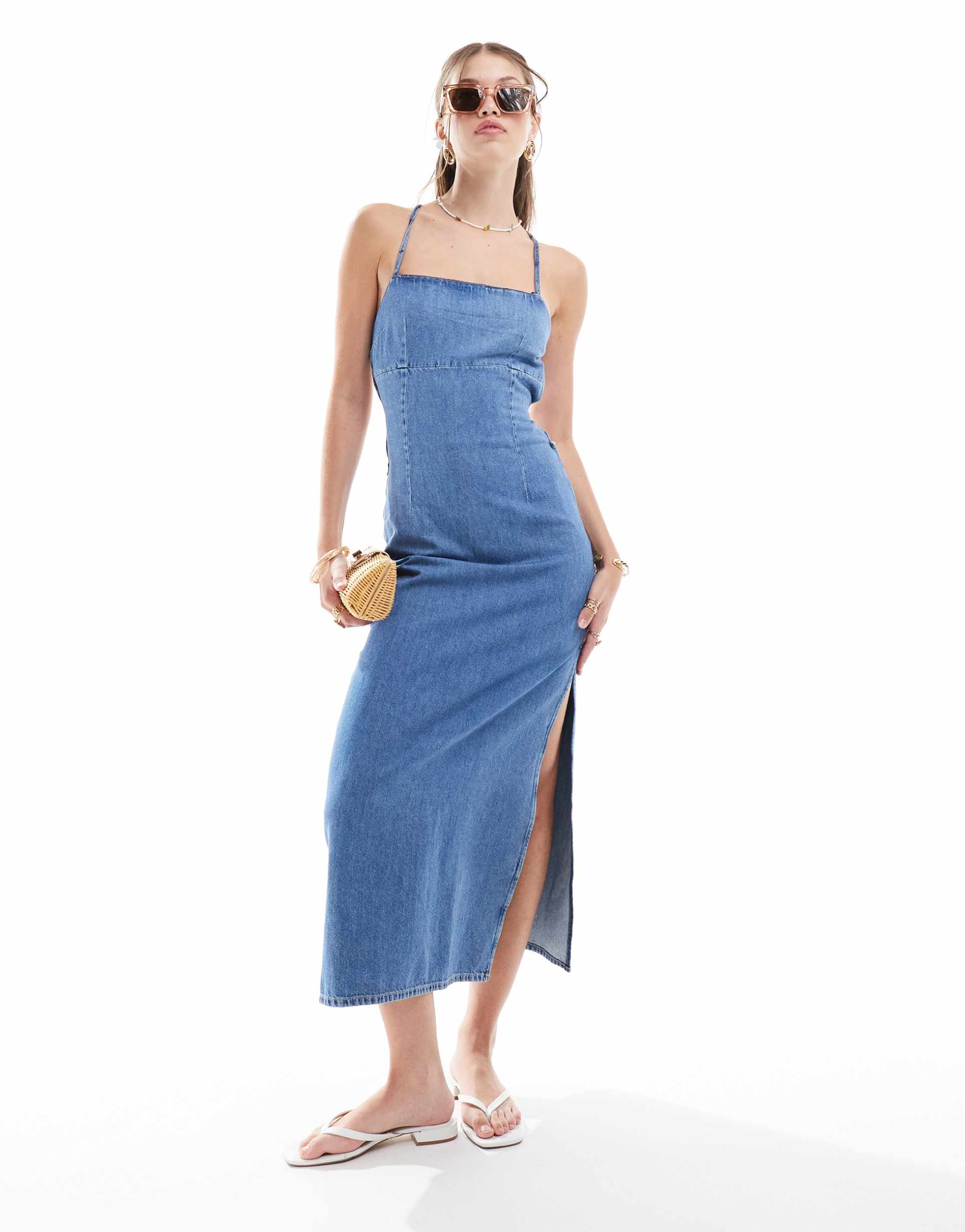 bershka strappy denim maxi dress in blue wash