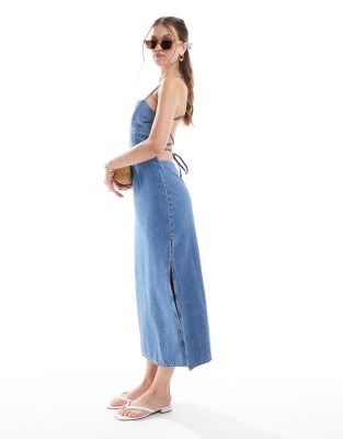 Bershka strappy denim maxi dress in blue wash | ASOS Bershka strappy denim maxi dress in blue wash | ASOS