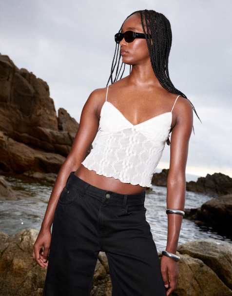 Bershka Strappy embroidered tulle top in white - view 1