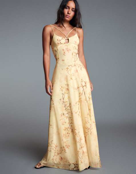 Bershka Strappy floral maxi dress in yellow - view 1